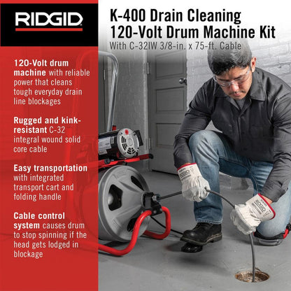 K-400 Drain Cleaning Snake Auger 120-Volt Drum Machine with C-32IW 3/8 in. x 75 ft. Cable + 4-Piece Tool Set & Gloves 52363