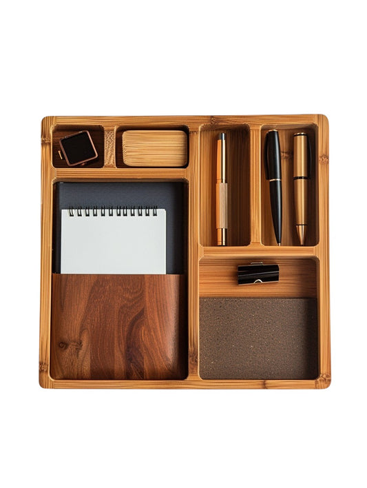 Universal Bamboo Desk Organizer - Multi-Compartment Office & Home Storage Caddy