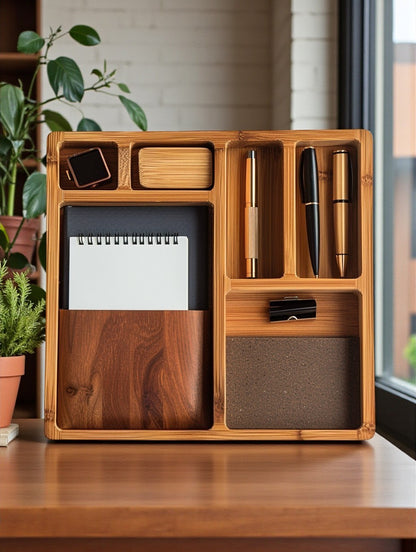 Universal Bamboo Desk Organizer - Multi-Compartment Office & Home Storage Caddy