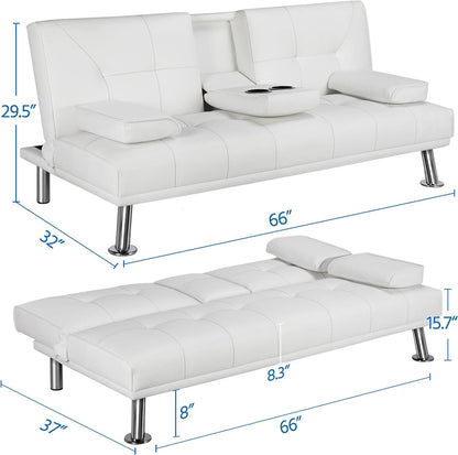 Yaheetech Convertible Sofa Bed Adjustable Couch Sleeper Modern Faux Leather Home Recliner Reversible Loveseat Folding Daybed Guest Bed, Removable Armrests, Cup Holders, 3 Angles, 772lb Capacity, Black