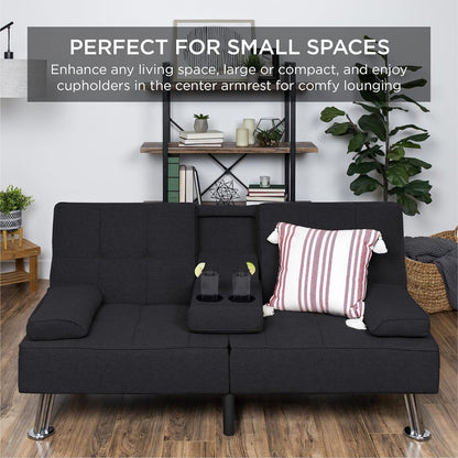 Best Choice Products Linen Upholstered Modern Convertible Folding Futon Sofa Bed for Compact Living Space, Apartment, Dorm, Bonus Room w/Removable Armrests, Metal Legs, 2 Cupholders - Gray