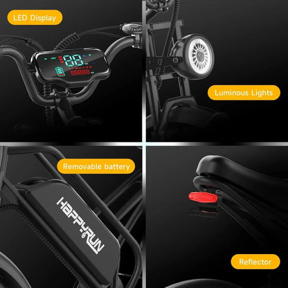 Happyrun Electric Bike for Adults 20" Fat tire with 750W Motor Ebike 48V 18AH Removable Battery 20MPH & 68 Miles