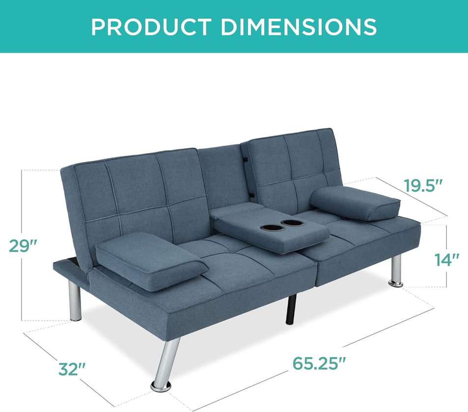 Best Choice Products Linen Upholstered Modern Convertible Folding Futon Sofa Bed for Compact Living Space, Apartment, Dorm, Bonus Room w/Removable Armrests, Metal Legs, 2 Cupholders - Gray