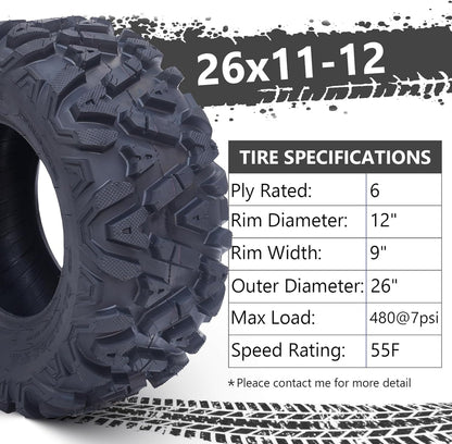 26x12x12 Atv Tires, Set of 2 Atv Tires 26x12-12 6PR, All Terrain Atv/Utv Off-Road Tires, Black