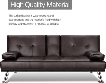Yaheetech Convertible Sofa Bed Adjustable Couch Sleeper Modern Faux Leather Home Recliner Reversible Loveseat Folding Daybed Guest Bed, Removable Armrests, Cup Holders, 3 Angles, 772lb Capacity, Black