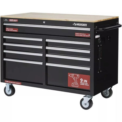 Gloss Black 46 9-Drawer Mobile Tool Chest Workbench with Power Strip & Solid Wood Top
