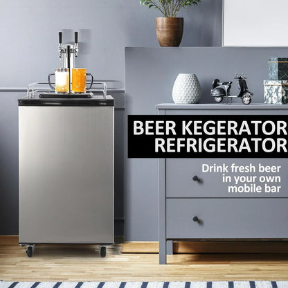 Beer Kegerator, Dual Tap Draft Beer Dispenser, Full Size Stainless Steel Keg Refrigerator With Drip Tray, CO2 Cylinder, 32°F- 50°F Temperature Control, 170L